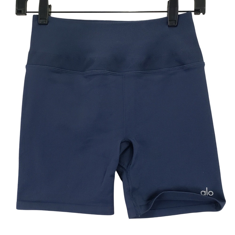 Alo Yoga Seamless Ribbed Biker Shorts Womens S Navy Blue High Rise Athleisure